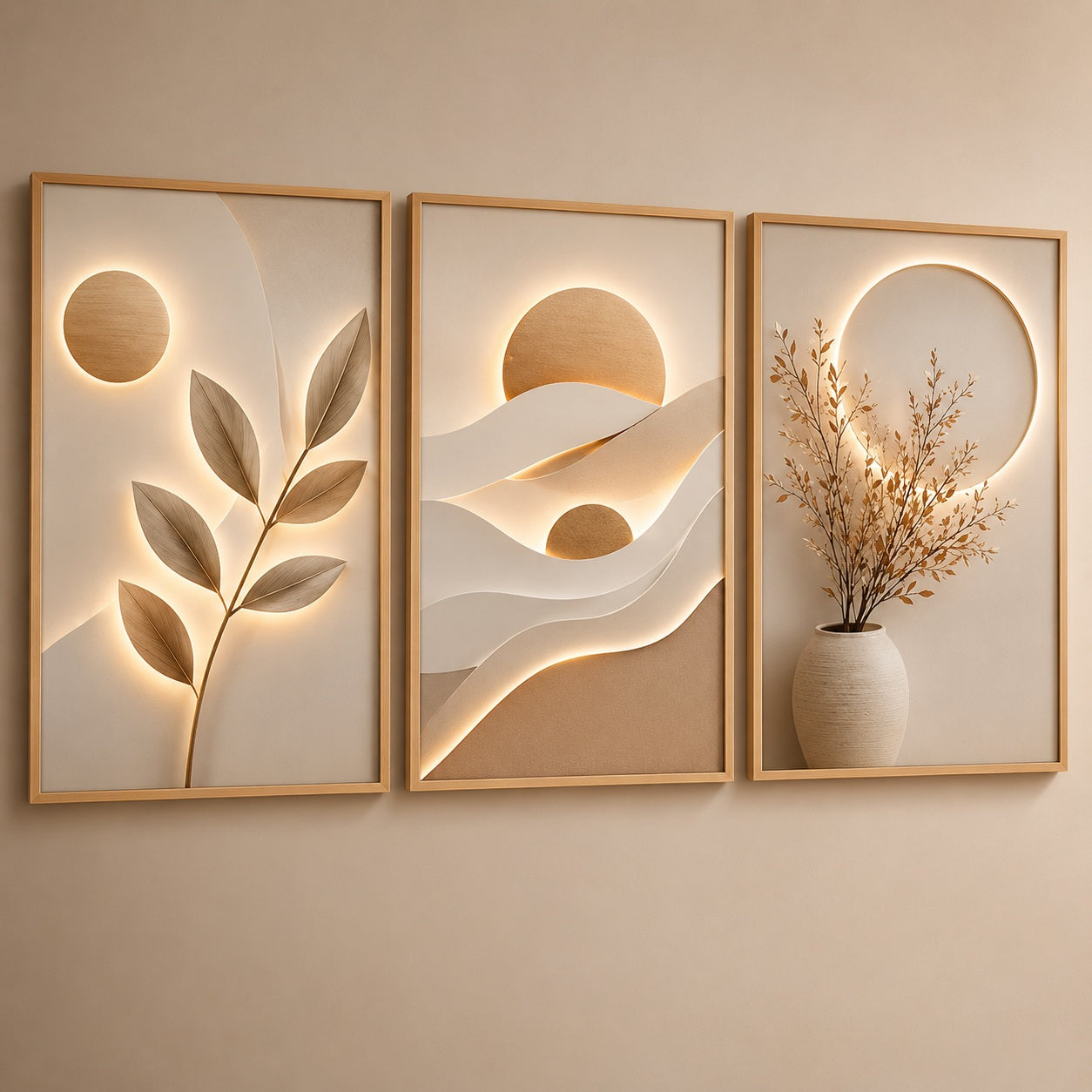 Modelo Folhas e Sol Bege: composição em tons neutros com sol e ramo de folhas - Vittara Decor