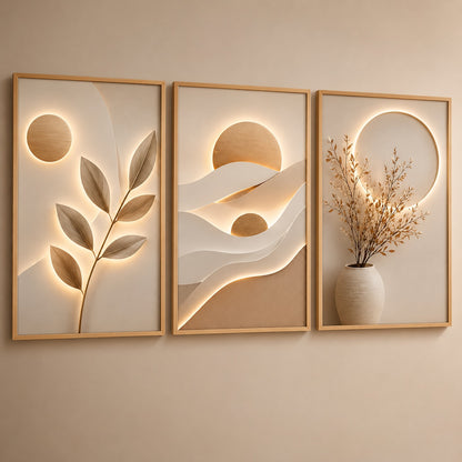 Modelo Folhas e Sol Bege: composição em tons neutros com sol e ramo de folhas - Vittara Decor
