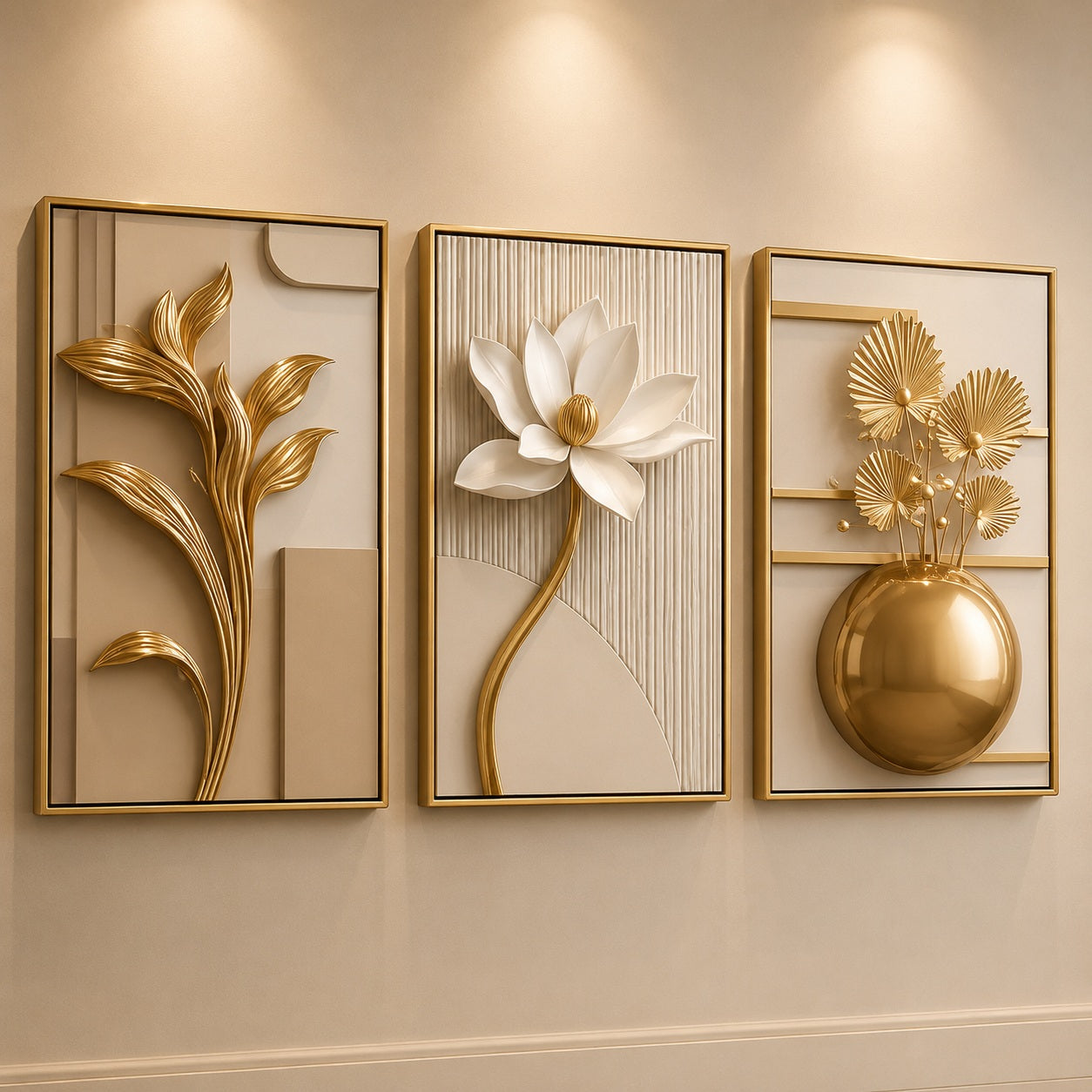 Modelo Lótus Dourado: flor branca em relevo aparente entre folhagens douradas - Vittara Decor