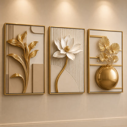 Modelo Lótus Dourado: flor branca em relevo aparente entre folhagens douradas - Vittara Decor
