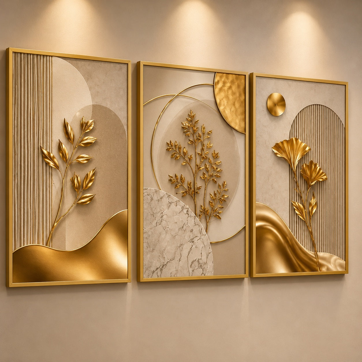 Modelo Mármore e Dourado: folhagem dourada sobre fundo de mármore e palha - Vittara Decor
