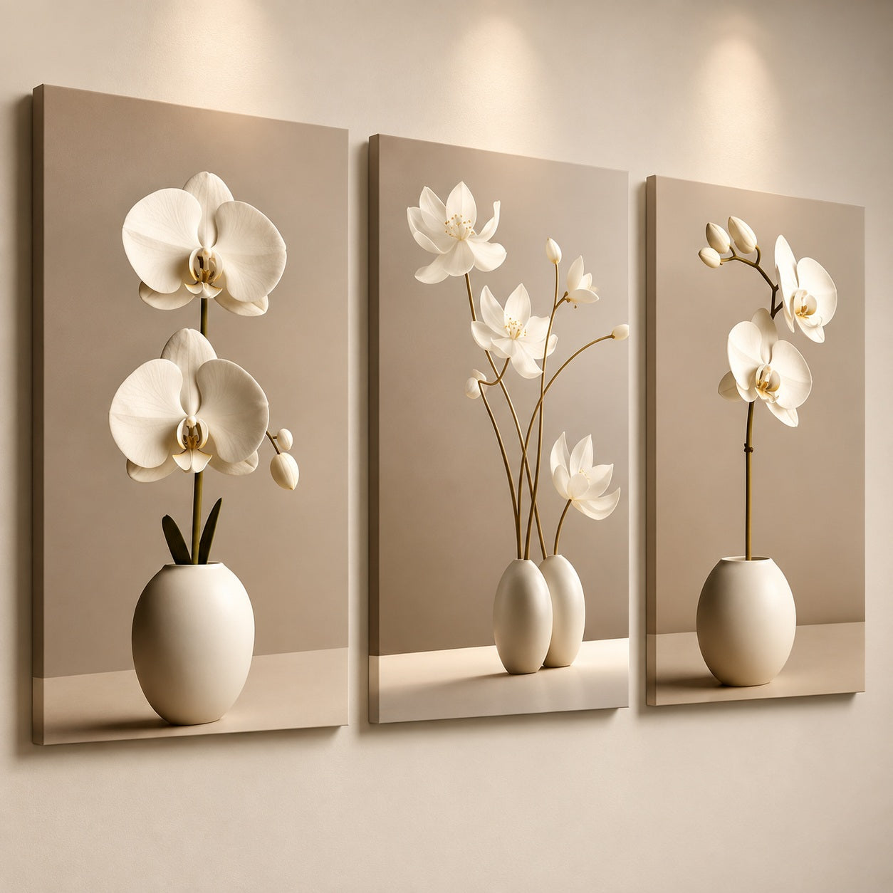 Modelo Orquídeas Brancas: três orquídeas em vasos claros sobre fundo bege - Vittara Decor