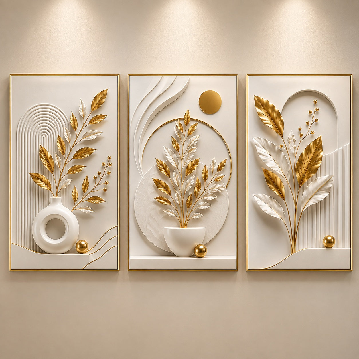 Modelo Vasos e Folhas Douradas: três quadros florais em bege e dourado na parede - Vittara Decor