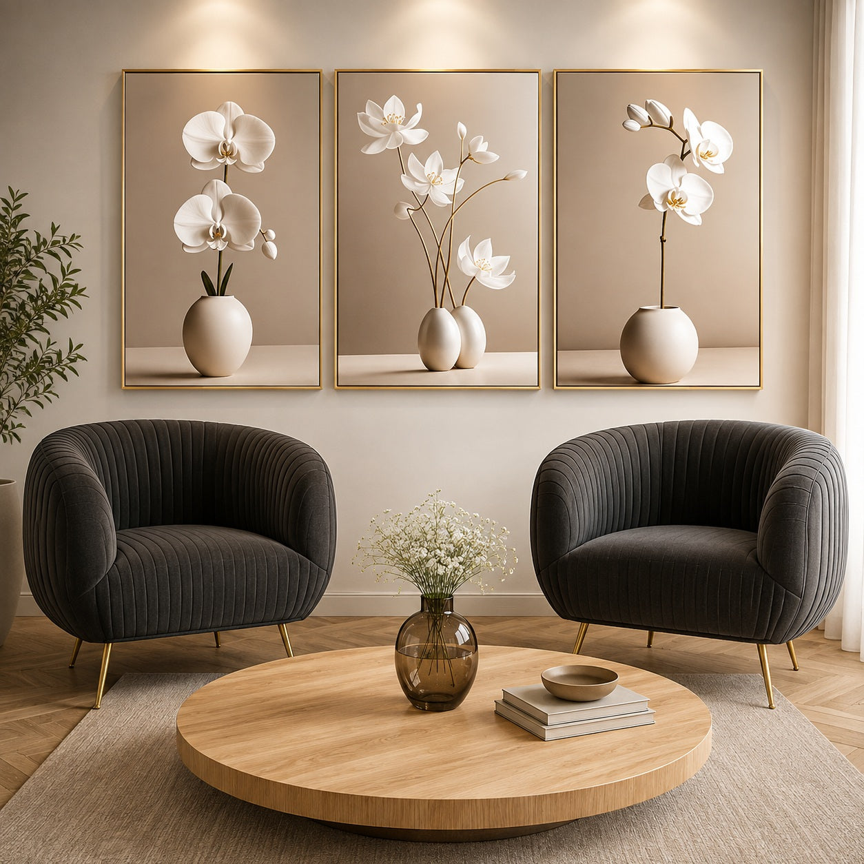 Kit de quadros com orquídeas brancas acima de duas poltronas escuras - Vittara Decor