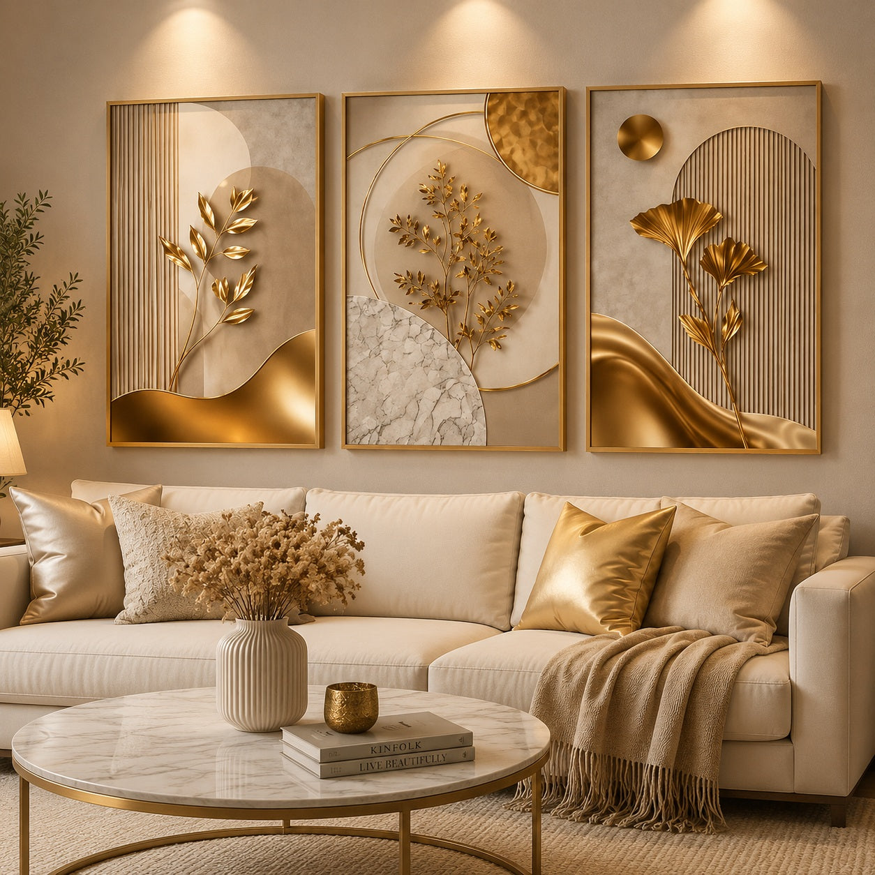 Trio de quadros florais em dourado numa sala com mesa de centro de mármore - Vittara Decor
