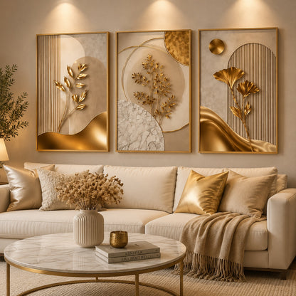 Trio de quadros florais em dourado numa sala com mesa de centro de mármore - Vittara Decor