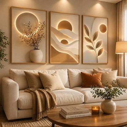 Kit de quadros florais em tons neutros na parede de uma sala com sofá claro - Vittara Decor