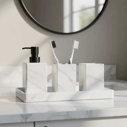 Kit acessórios de banheiro mármore branco em bancada de banheiro elegante — Vittara Decor