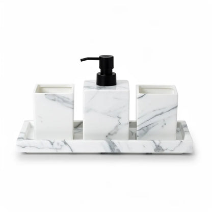 Kit acessórios de banheiro efeito mármore branco 4 peças — fundo branco — Vittara Decor