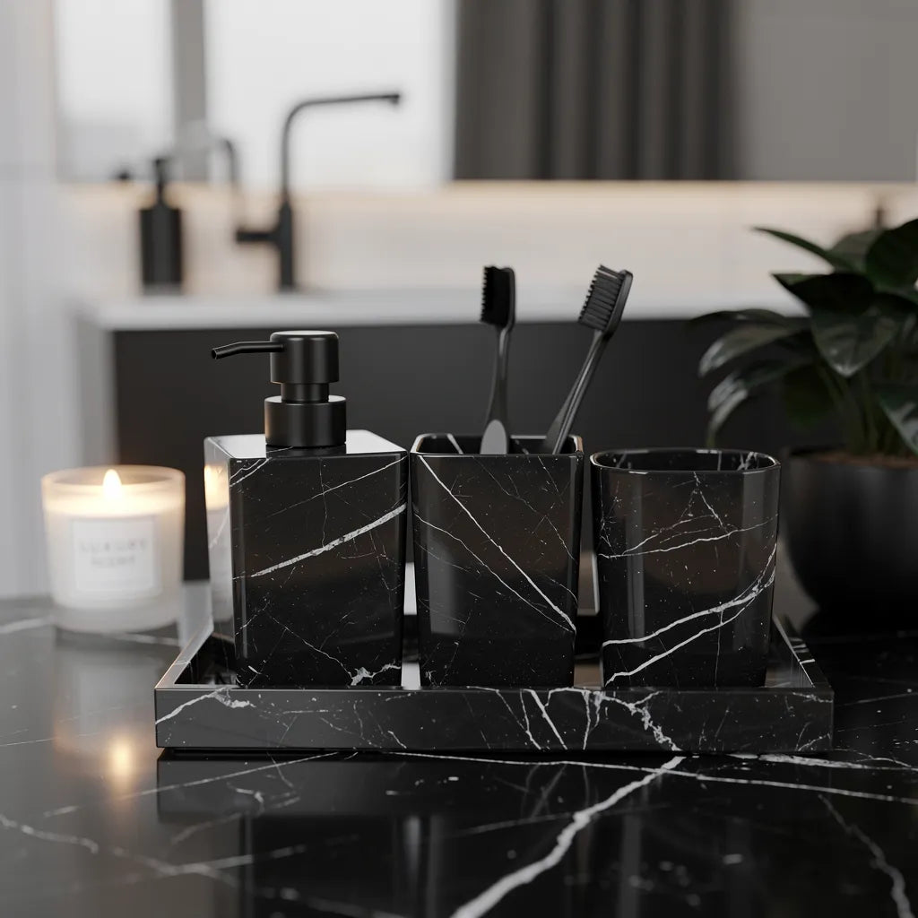Kit acessórios banheiro mármore preto em bancada sofisticada com vela e planta — Vittara Decor