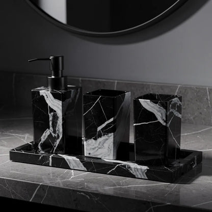 Kit acessórios de banheiro mármore preto em bancada de banheiro elegante — Vittara Decor