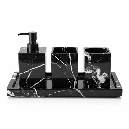Kit acessórios de banheiro efeito mármore preto 4 peças — fundo branco — Vittara Decor