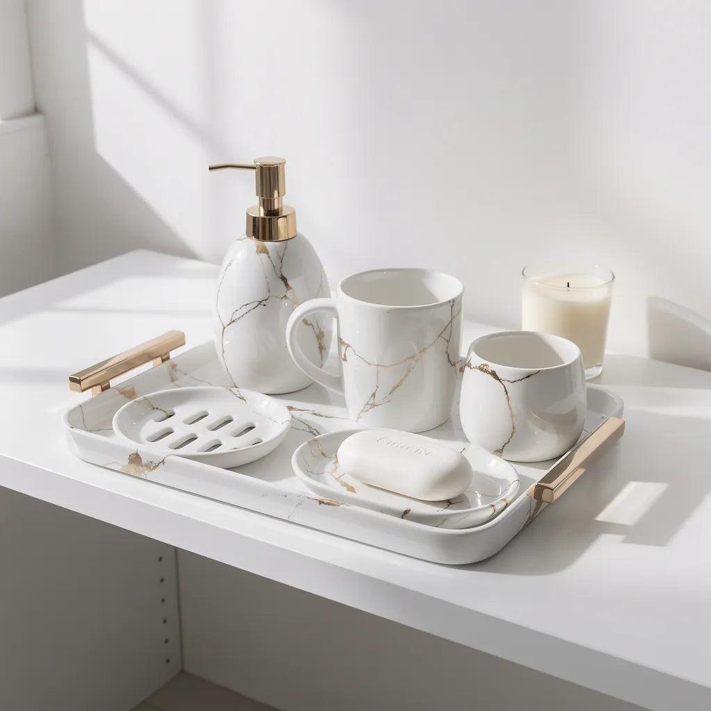 Kit banheiro marmorizado nórdico branco dourado em prateleira estilo spa — Vittara Decor