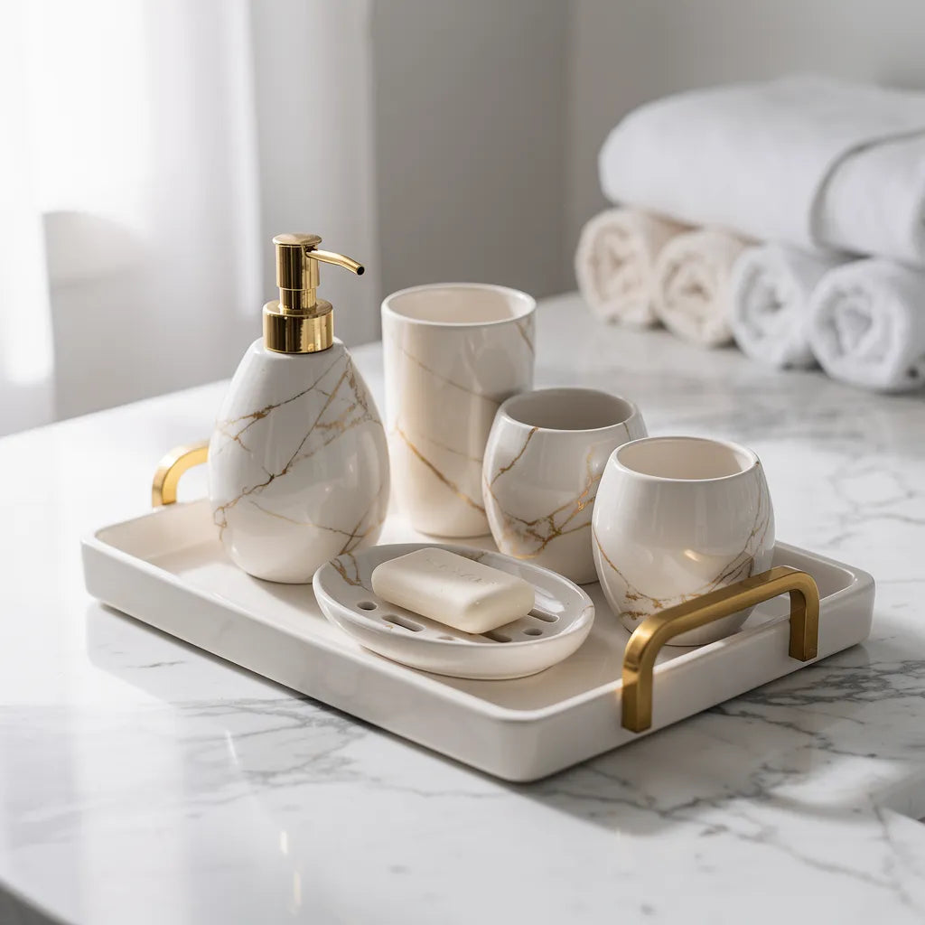 Kit acessórios banheiro marmorizado nórdico branco com veios dourados em bancada de mármore — Vittara Decor