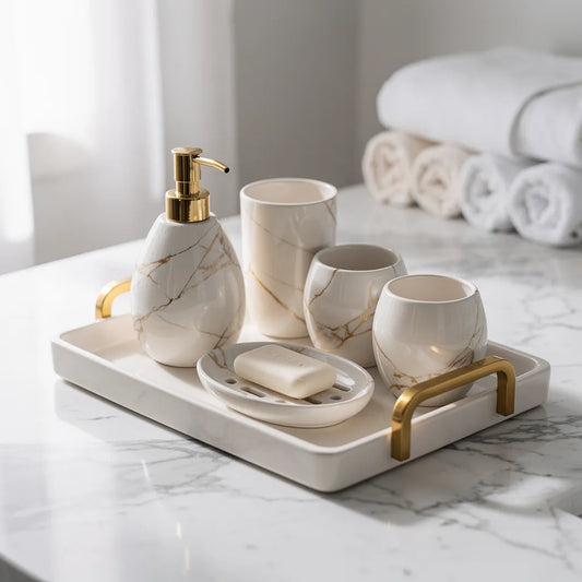 Kit acessórios banheiro marmorizado nórdico branco com veios dourados em bancada de mármore — Vittara Decor