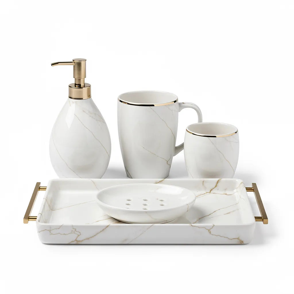 Kit acessórios banheiro marmorizado nórdico branco 6 peças com bandeja — fundo branco — Vittara Decor