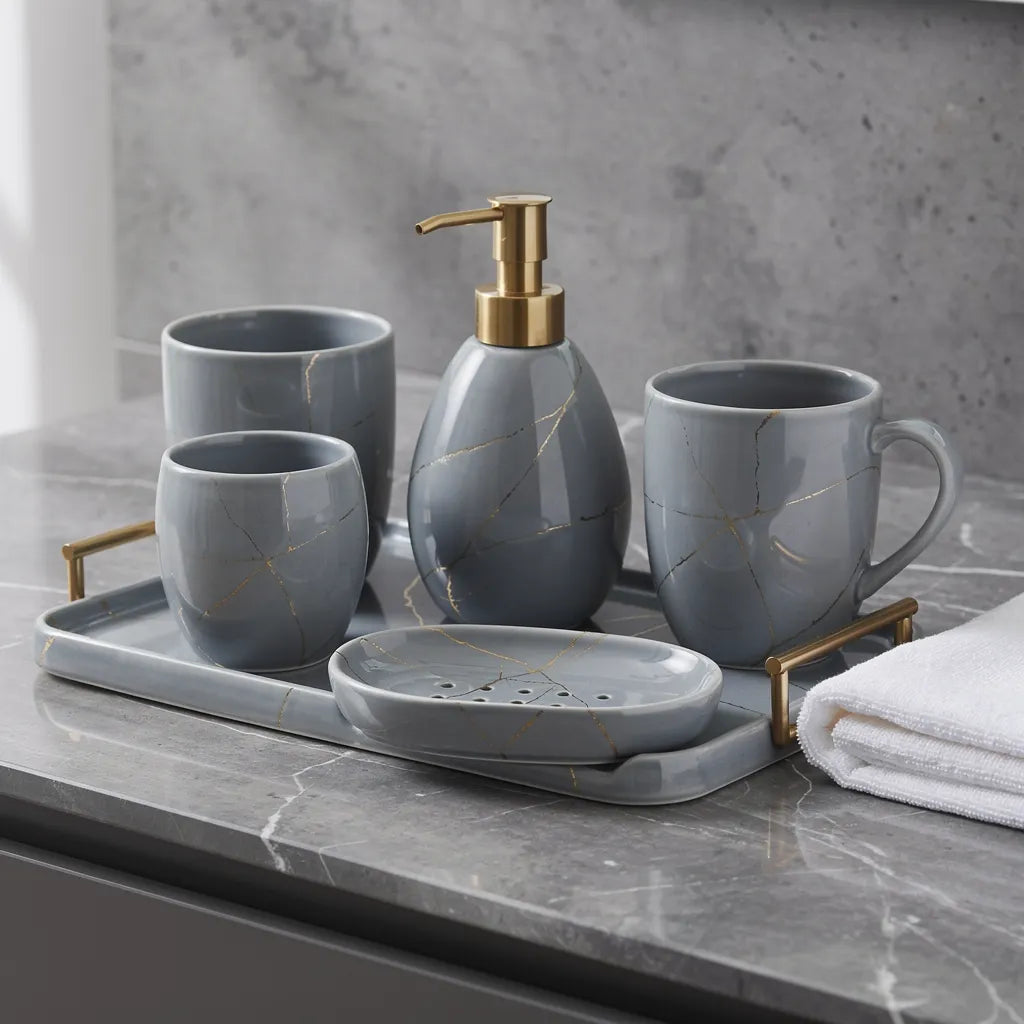 Kit banheiro marmorizado nórdico cinza dourado em banheiro moderno minimalista — Vittara Decor