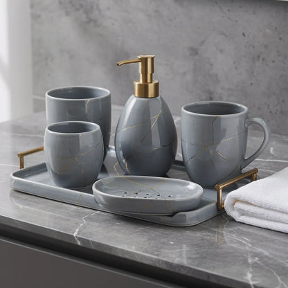 Kit banheiro marmorizado nórdico cinza dourado em banheiro moderno minimalista — Vittara Decor