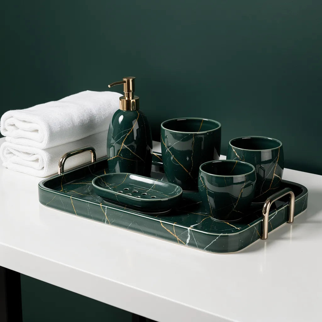 Kit banheiro marmorizado nórdico verde esmeralda dourado em banheiro nórdico — Vittara Decor