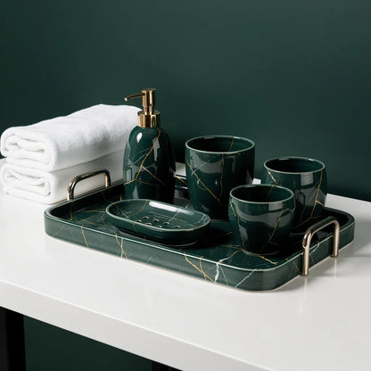 Kit banheiro marmorizado nórdico verde esmeralda dourado em banheiro nórdico — Vittara Decor