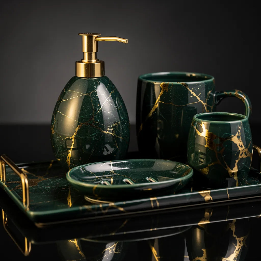 Detalhe veios dourados sobre cerâmica verde esmeralda do kit banheiro marmorizado — Vittara Decor