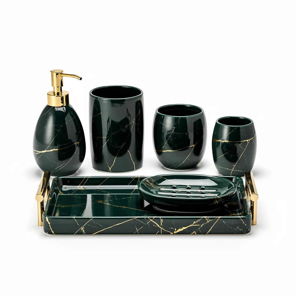 Kit acessórios banheiro marmorizado nórdico verde esmeralda 6 peças — fundo branco — Vittara Decor