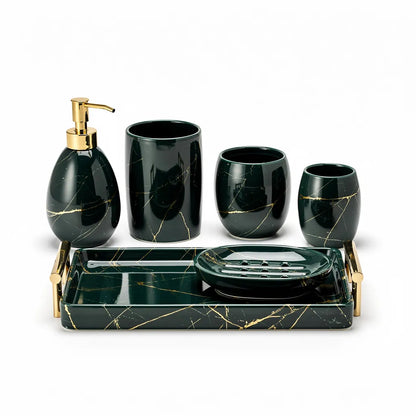 Kit acessórios banheiro marmorizado nórdico verde esmeralda 6 peças — fundo branco — Vittara Decor
