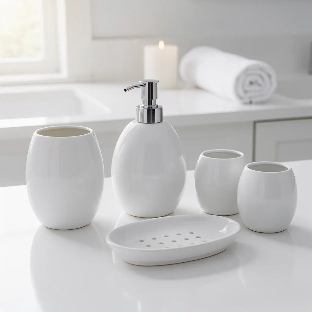 Kit acessórios banheiro cerâmica branca em ambiente spa minimalista — Vittara Decor