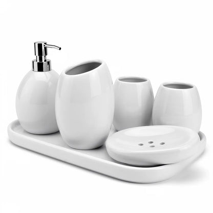 Vista lateral kit acessórios banheiro cerâmica 5 peças com silhuetas orgânicas — Vittara Decor