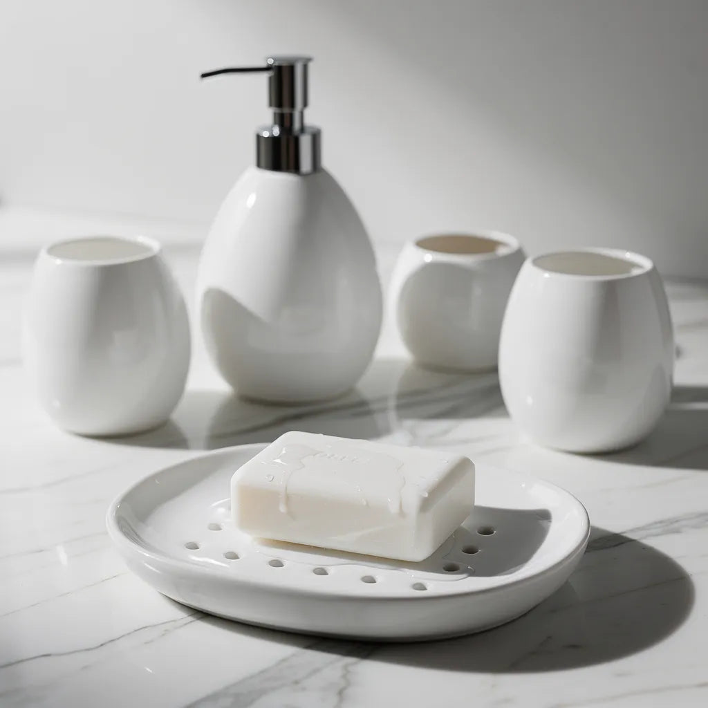 Detalhe da saboneteira oval cerâmica branca do kit banheiro sofisticado — Vittara Decor
