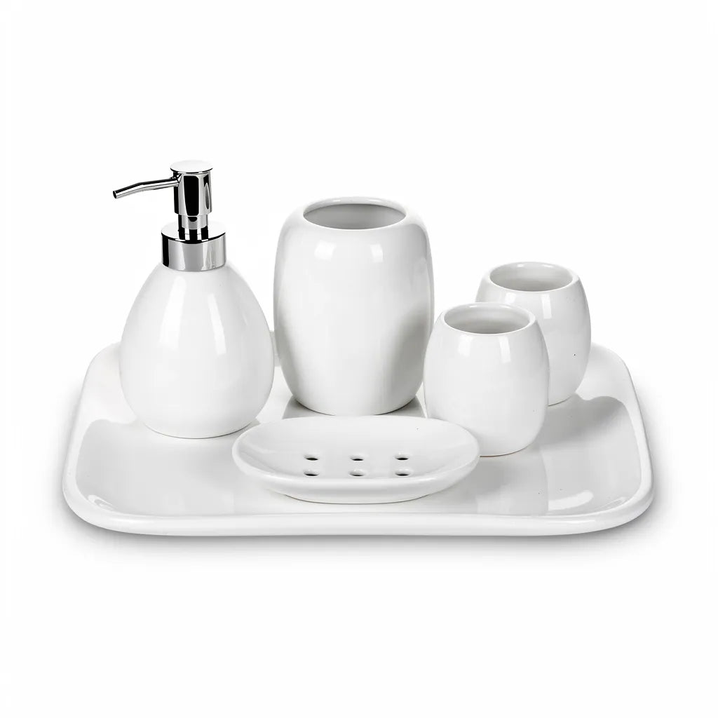 Kit acessórios de banheiro cerâmica sofisticado 5 peças branco com bandeja — fundo branco — Vittara Decor