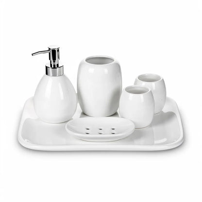 Kit acessórios de banheiro cerâmica sofisticado 5 peças branco com bandeja — fundo branco — Vittara Decor