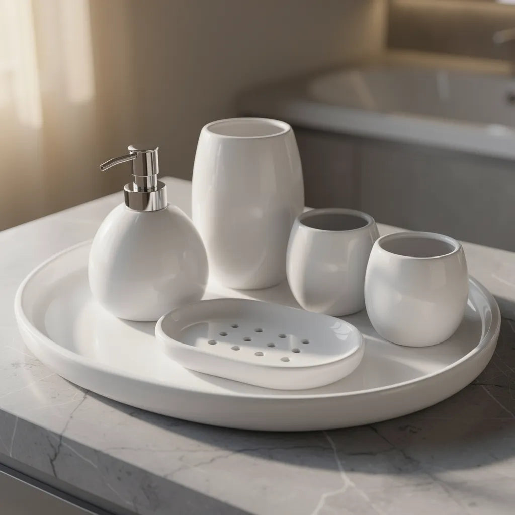 Kit completo 5 peças acessórios banheiro cerâmica com bandeja organizadora — Vittara Decor