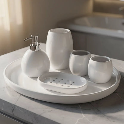Kit completo 5 peças acessórios banheiro cerâmica com bandeja organizadora — Vittara Decor