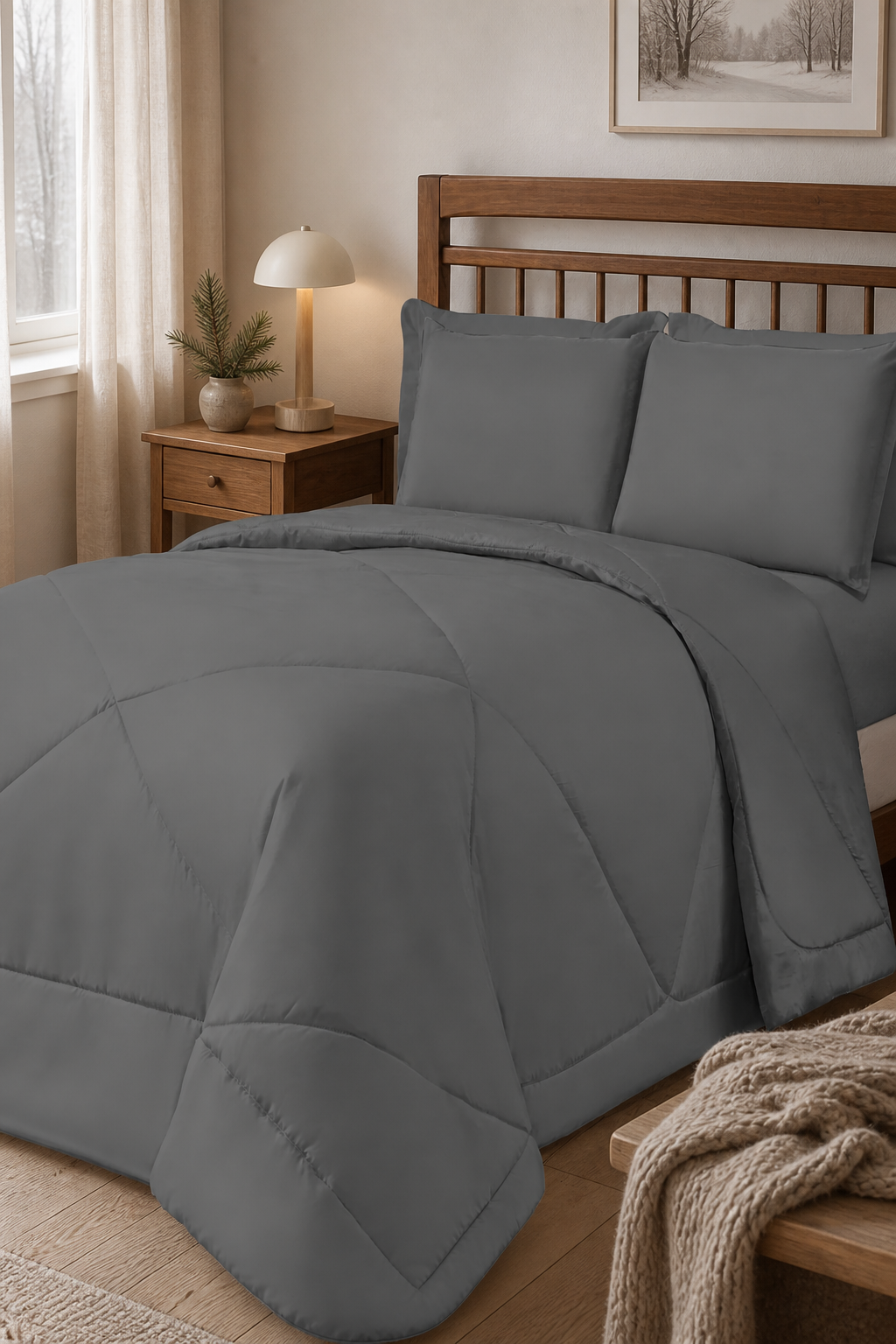 Kit Edredom Casal Dupla Face cinza em quarto escandinavo com luz da manhã e manta tricô - Vittara Decor