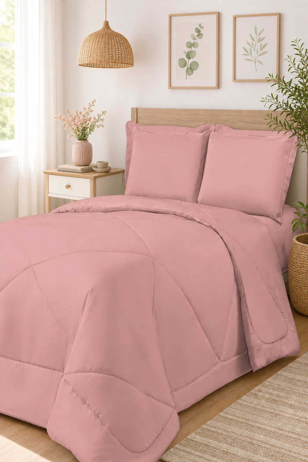 Edredom casal dupla face rosé em quarto claro com pendente de palha e planta - Vittara Decor