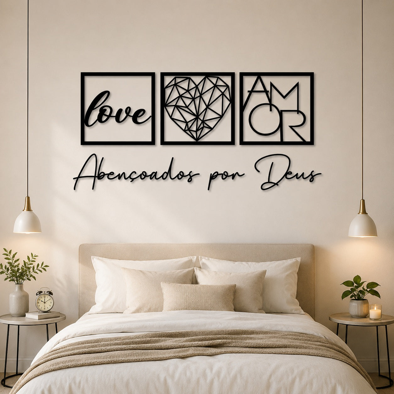 Kit Abençoados por Deus na cabeceira de um quarto de casal entre dois pendentes - Vittara Decor