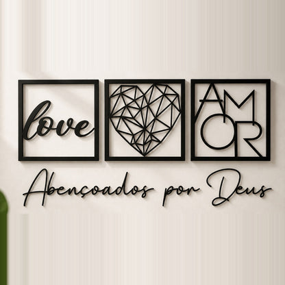 Detalhe do recorte a laser das três peças e da frase em MDF preto fosco - Vittara Decor