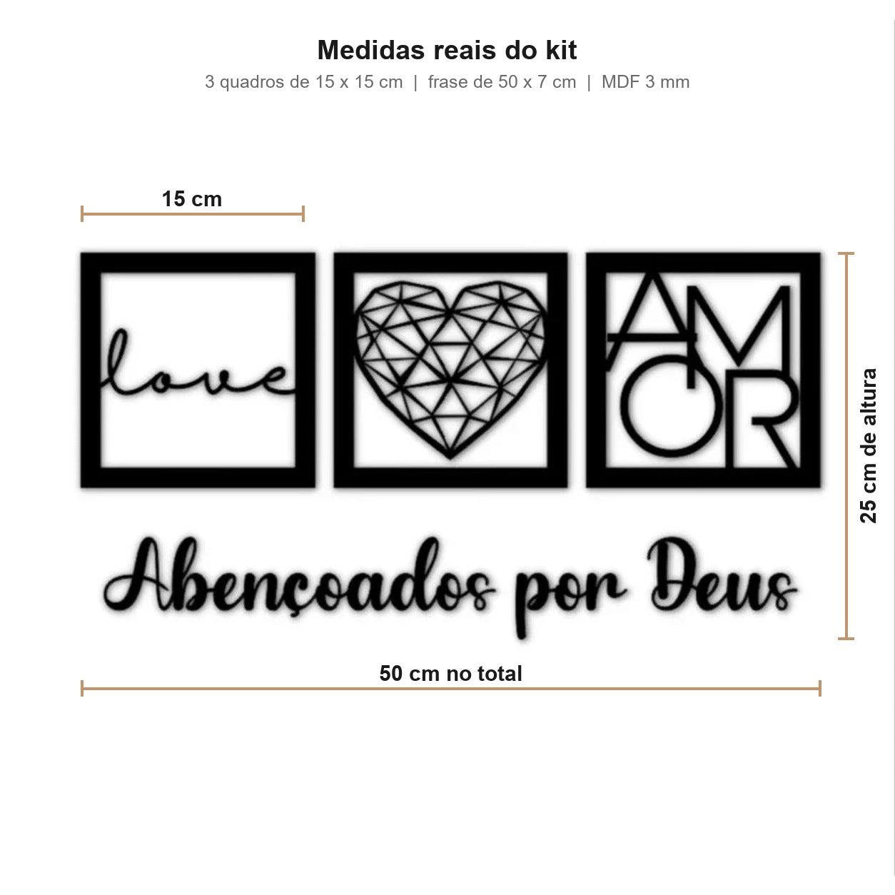 Diagrama com as medidas reais do kit: quadros de 15 x 15 cm e frase de 50 cm - Vittara Decor