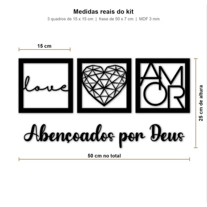 Diagrama com as medidas reais do kit: quadros de 15 x 15 cm e frase de 50 cm - Vittara Decor