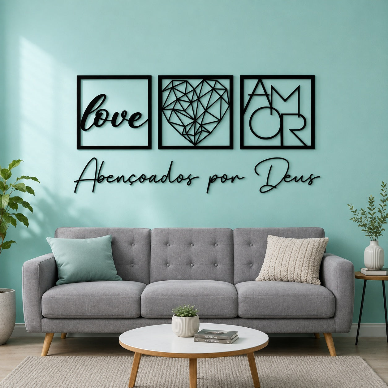Kit de quadros em MDF preto sobre parede verde água, contraste com sofá cinza - Vittara Decor