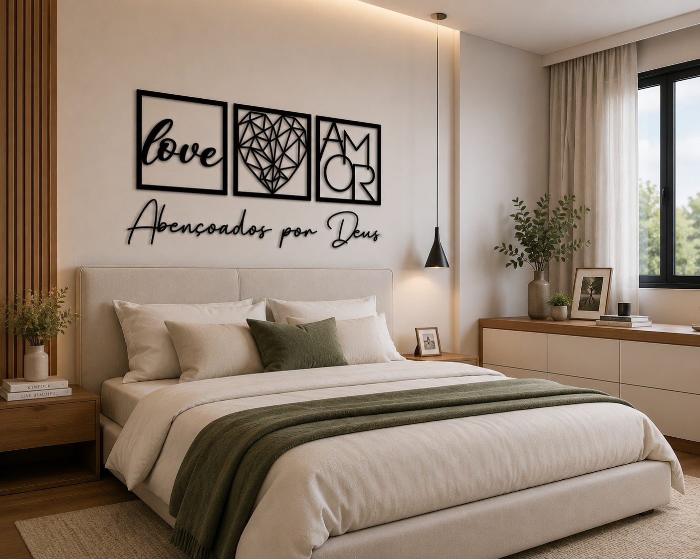 Kit Abençoados por Deus em quarto com luz natural e cabeceira estofada clara - Vittara Decor