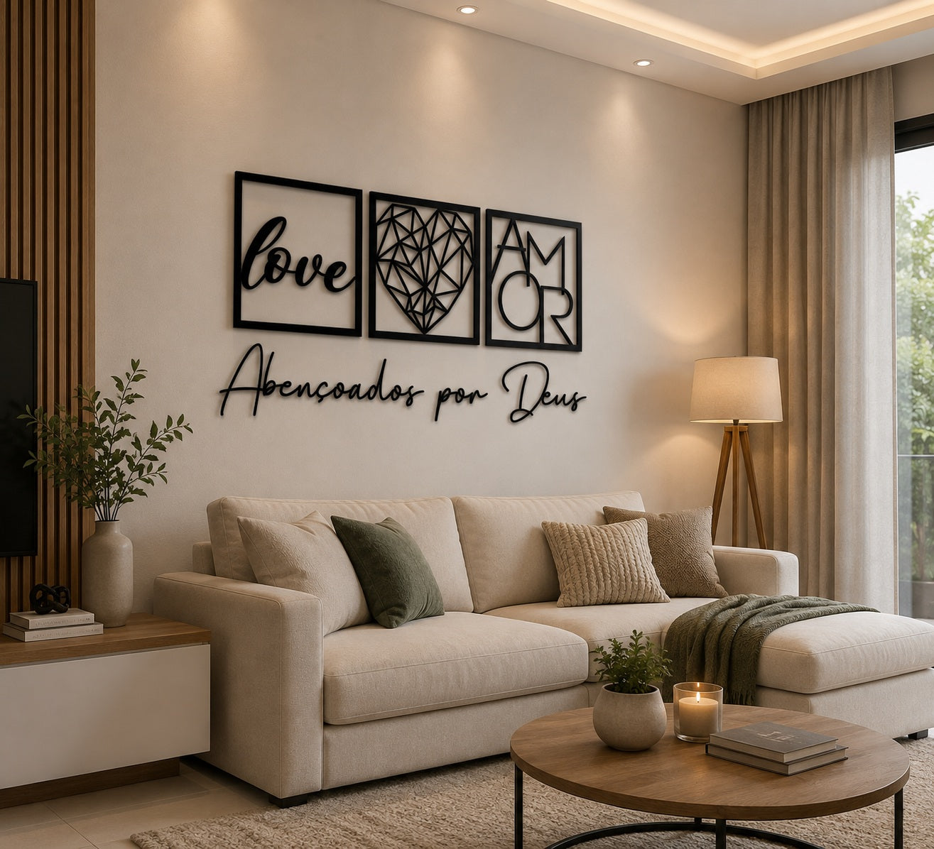 Kit de quadros decorativos em MDF na parede de uma sala integrada com painel ripado - Vittara Decor