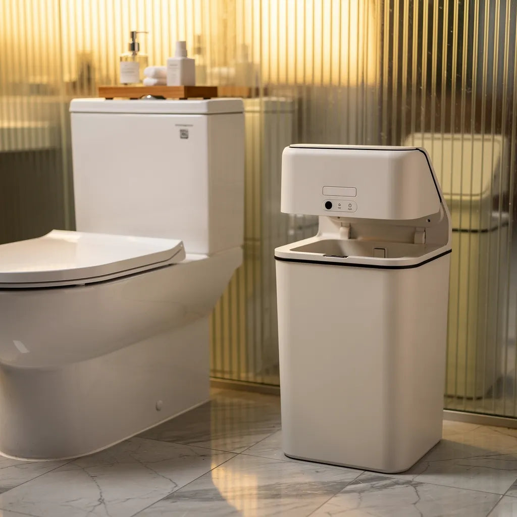 Lixeira automática com sensor de movimento posicionada ao lado do vaso em banheiro moderno com painel de - Vittara Decor