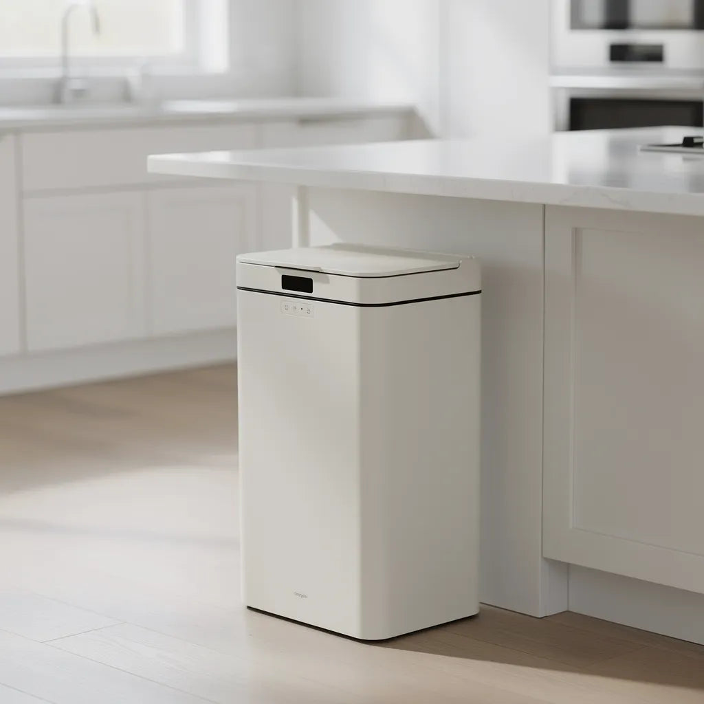 Lixeira automática com sensor de movimento posicionada ao lado de ilha de cozinha moderna com piso de madeira - Vittara Decor