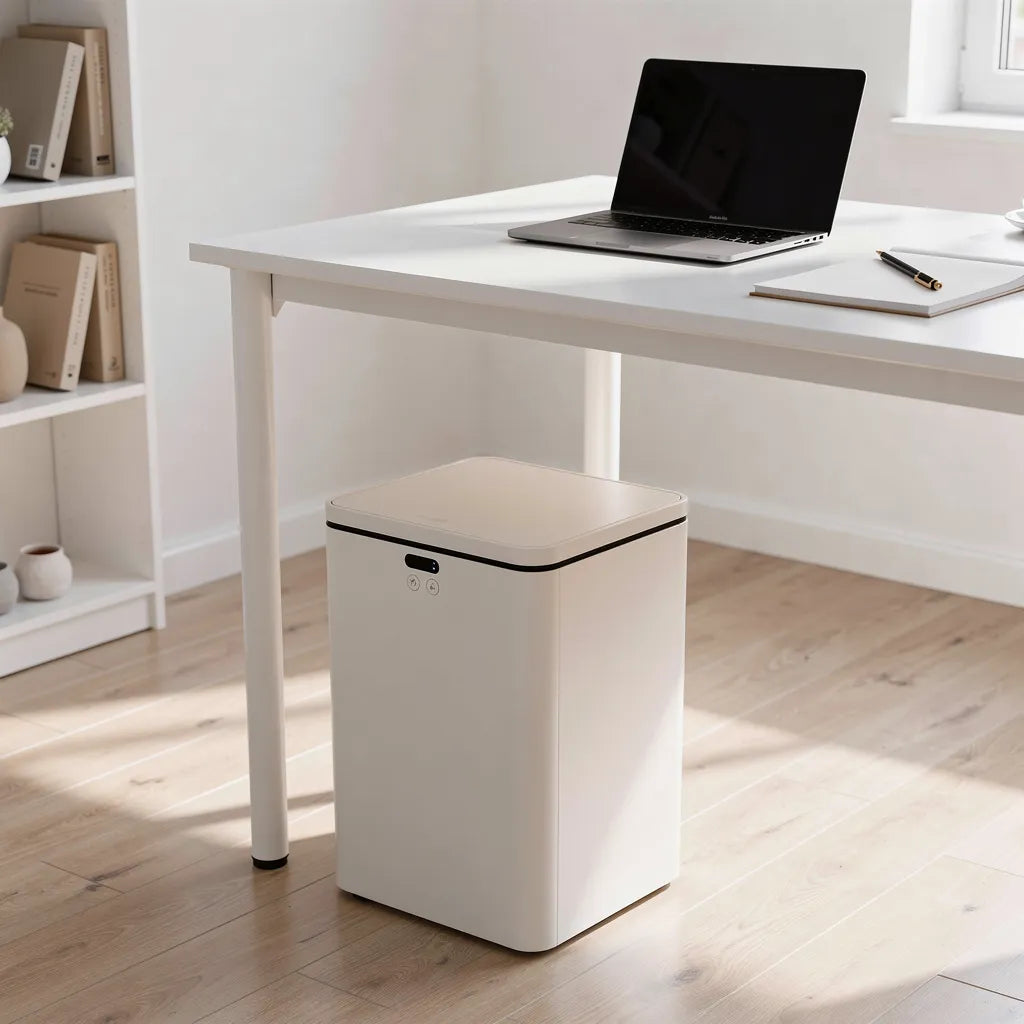Lixeira automática com sensor de movimento posicionada ao lado de mesa de escritório em home office com piso - Vittara Decor