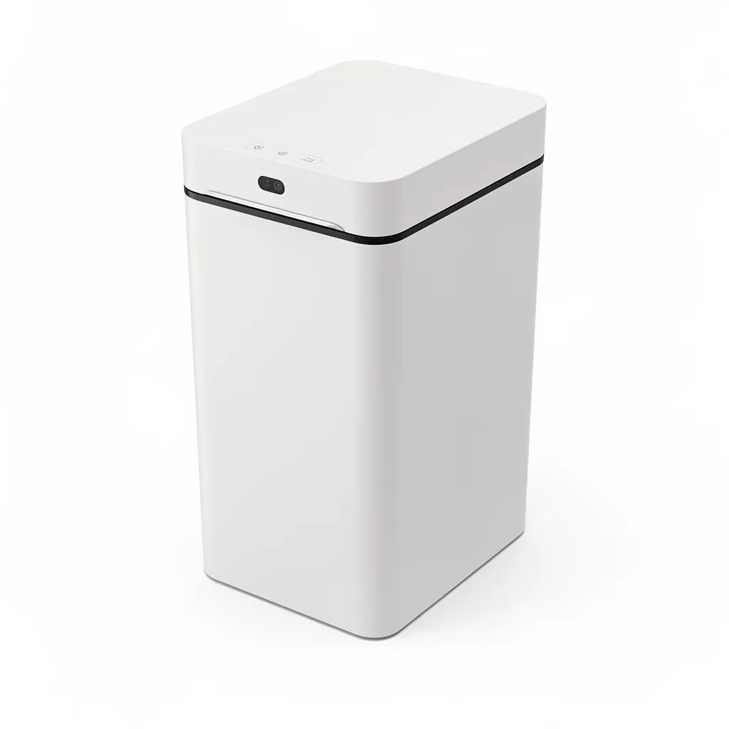 Lixeira automática com sensor de movimento sem toque em fundo branco mostrando design retangular com tampa - Vittara Decor