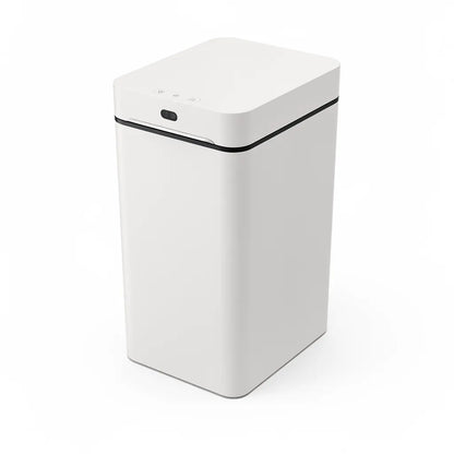 Lixeira automática com sensor de movimento sem toque em fundo branco mostrando design retangular com tampa - Vittara Decor