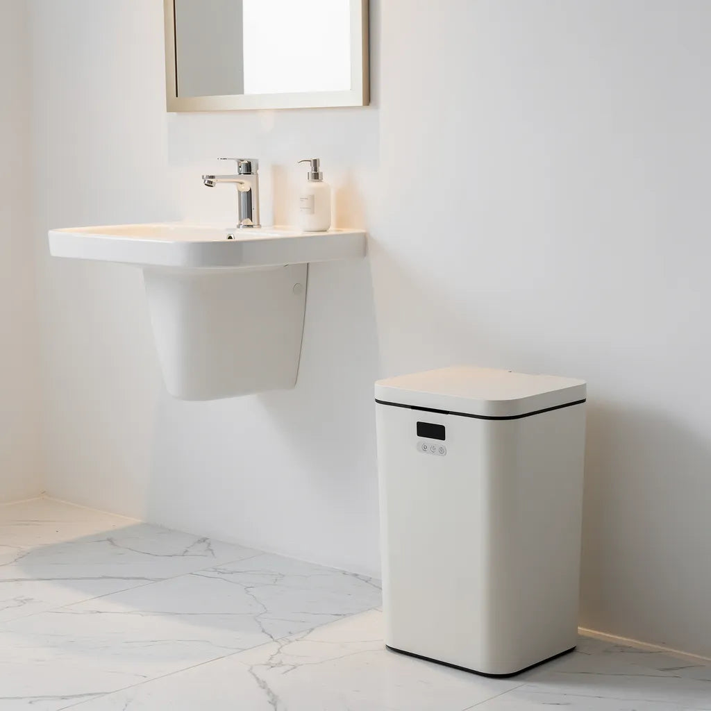 Lixeira automática com sensor sem toque em lavabo minimalista ao lado de pia de parede com torneira cromada - Vittara Decor