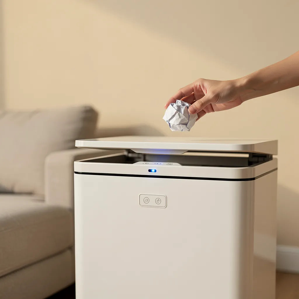 Mão descartando papel amassado na lixeira automática com tampa aberta pelo sensor sem nenhum contato com o - Vittara Decor